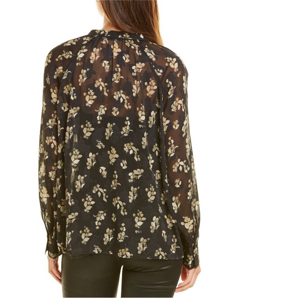 Vince Dandelion Poet Blouse Gathered Floral Print Silk Crepon Black Printed Top - Picture 3 of 13